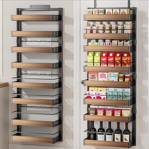 WISSEN WOOD KS11116 8-Tier Over Door Pantry Organizer, 8 Tier Over The Door Pantry Organizer, 2 IN 1 Wall Mount or Hanging Spice Rack Seasoning Shelves with Adjustable Basket, Back of Door Organizer and Storage for Kitchen Cabinet and Room Closet, Made in Vietnam