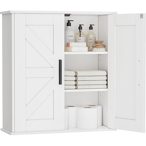 WISSEN WOOD HM21117 Over Toilet Barn Door Cabinet, Bathroom Wall Cabinet, Over Toilet Storage Cabinet with Barn Doors and Adjustable Shelves, 3-Tier Medicine Cabinet Wall Mounted, for Bathroom, Kitchen, Entryway, Laundry Room, White, Made in Vietnam