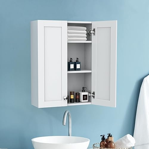 WISSEN WOOD HM21122 Over Toilet Storage Medicine Cabinet, Bathroom Cabinet Wall Mounted Over Toilet Storage Cabinet 20x28 inch White Medicine Cabinets for Wall Mount Space Saver Bathroom Storage Cabinet with 2 Adjustable Shelves & 2 Doors, Made in Vietnam
