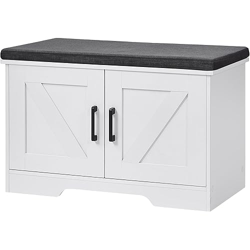 WISSEN WOOD HS31048 2-Tier Padded Entryway Storage Bench, 2-Tier Storage Bench with Padded Seat Cushion, White, Made in Vietnam