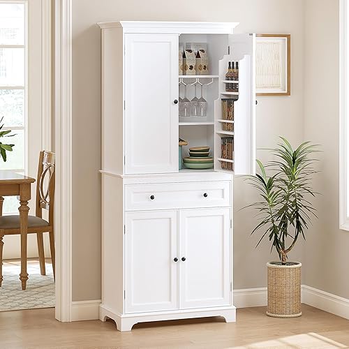 WISSEN WOOD HP11218 71" Tall Wine Rack Pantry, 71'' Tall Kitchen Pantry Cabinet, Wood Food Pantry Cabinet with Drawers and Wine Glass Rack, Freestanding Storage Cabinet for Kitchen, Living Room, Dining Room, White, Made in Vietnam
