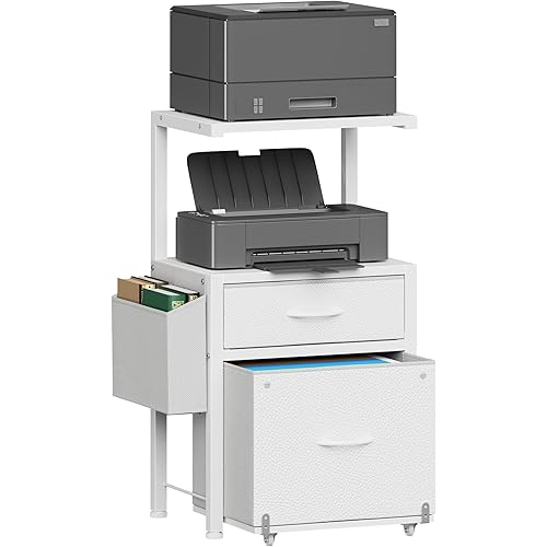 WISSEN WOOD OO41208 2-Drawer White Printer Storage File, 2-Drawer File Cabinet, Filing Cabinet with 2-Tier Printer Shelves, Office Cabinets with Side Bag&File Drawer for A4/Letter Size, Printer Stand with Storage for Home Office, White, 16.5" W, Made in Vietnam