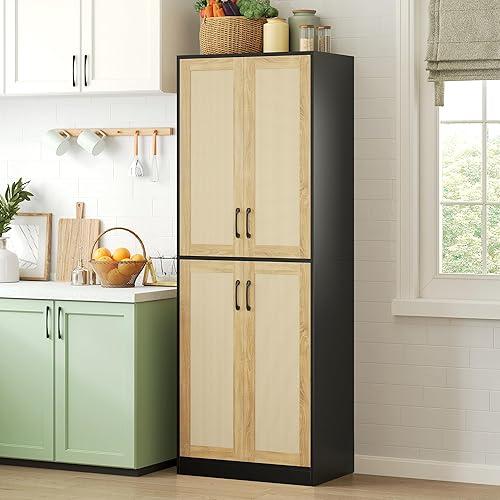 WISSEN WOOD HS11080 67 Inch Rattan Pantry Cabinet, Kitchen Pantry Cabinet, 67" Tall Rattan Storage Cabinet with Doors and Adjustable Shelves, Wooden Linen Pantry Cupboard for Small Spaces Laundry Room Bathroom, Food Snack Towels Storage, Black, Made in Vietnam