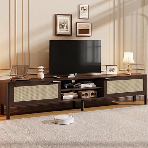 WISSEN WOOD HT31214 Rattan Mid-Century Modern TV Stand, Rattan TV Stand for 80 inch TVs, Media Console Table with Adjustable Shelves, Made in Vietnam