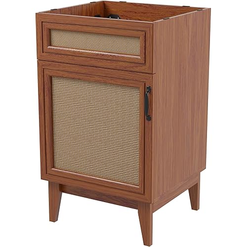 WISSEN WOOD TB21090 20 Inch Rattan Bath Vanity, Javer 20 in. W x 18 in. D x 33 in. H Rattan Modern Farmhouse 2-Shelf Bath Vanity Cabinet Only, Walnut, Made in Vietnam