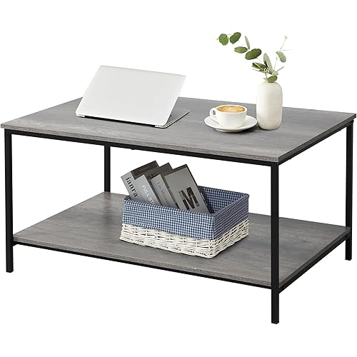 WISSEN WOOD HC31064 2-Tier Rectangle Metal TV Stand, 2-Tier Coffee Table with Storage Shelf for Small Living Spaces, Grey Oak Rectangle Wood and Sturdy Metal Side End Table, Stable Metal TV Stand, Functional Center Table for Living Room, Made in Vietnam