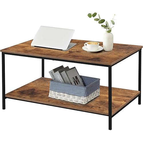 WISSEN WOOD HC31043 Rectangle Wood Metal Coffee Table, Small Brown Rectangle Wood and Metal Coffee Table with Storage Shelf for Small Living Rooms, Made in Vietnam