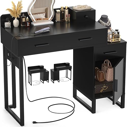 WISSEN WOOD HV31157 4-Drawer Mirrored Vanity Desk, Vanity Desk with 4 Storage Drawers - Modern Makeup Vanity Table with Charging Station, Black Vanity Desk with Reversible Cabinet Dressing Table Set with Divided Organizers for Women Girls, Black, Made in Vietnam