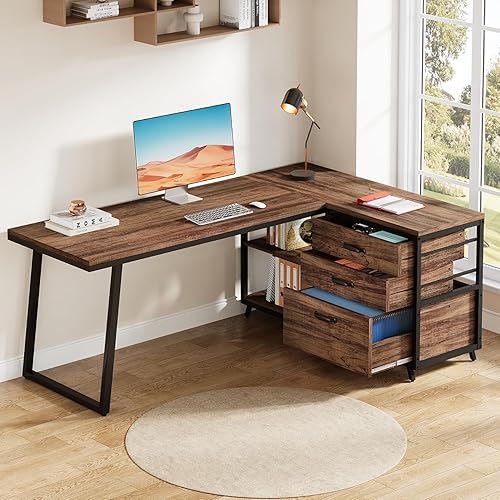 WISSEN WOOD HH41154 53 inch Reversible Corner Office Desk, 53 inch L Shaped Office Desk, Reversible Corner Computer Desk with 3 File Drawers, Made in Vietnam