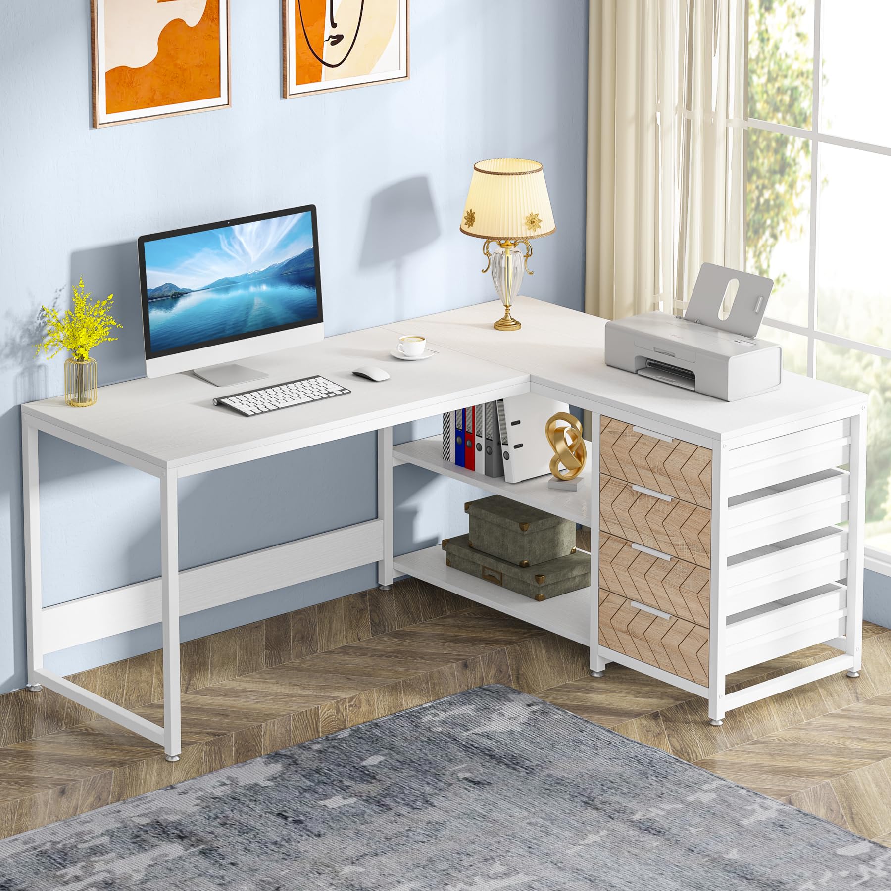 HH41068 L-Shaped Office Desk with Drawers