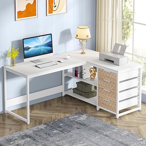 WISSEN WOOD HH41068 L-Shaped Office Desk with Drawers, L Shaped Computer Desk with Storage Drawers, 59 inch Corner Desk with Shelves, Reversible L-Shaped Office Desk, Made in Vietnam