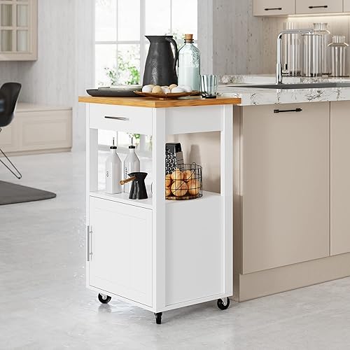WISSEN WOOD HM11044 Rolling Kitchen Island Storage Cart, Kitchen Island Cart with Storage,Rolling Side Table on Wheels with Worktop,Single Door Cabinet and Drawer for Dinning Room, White, Made in Vietnam