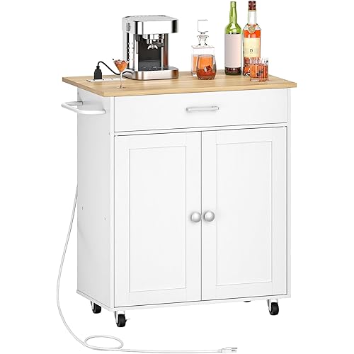 WISSEN WOOD HM11129 Rolling Kitchen Island Drop Leaf, Kitchen Island, Kitchen Island Cart with One Double Cabinet and Drawer, Rolling Storage Cart with Power Strip, with Drop Leaf, for Kitchen, Living Room, White and Natural, Made in Vietnam