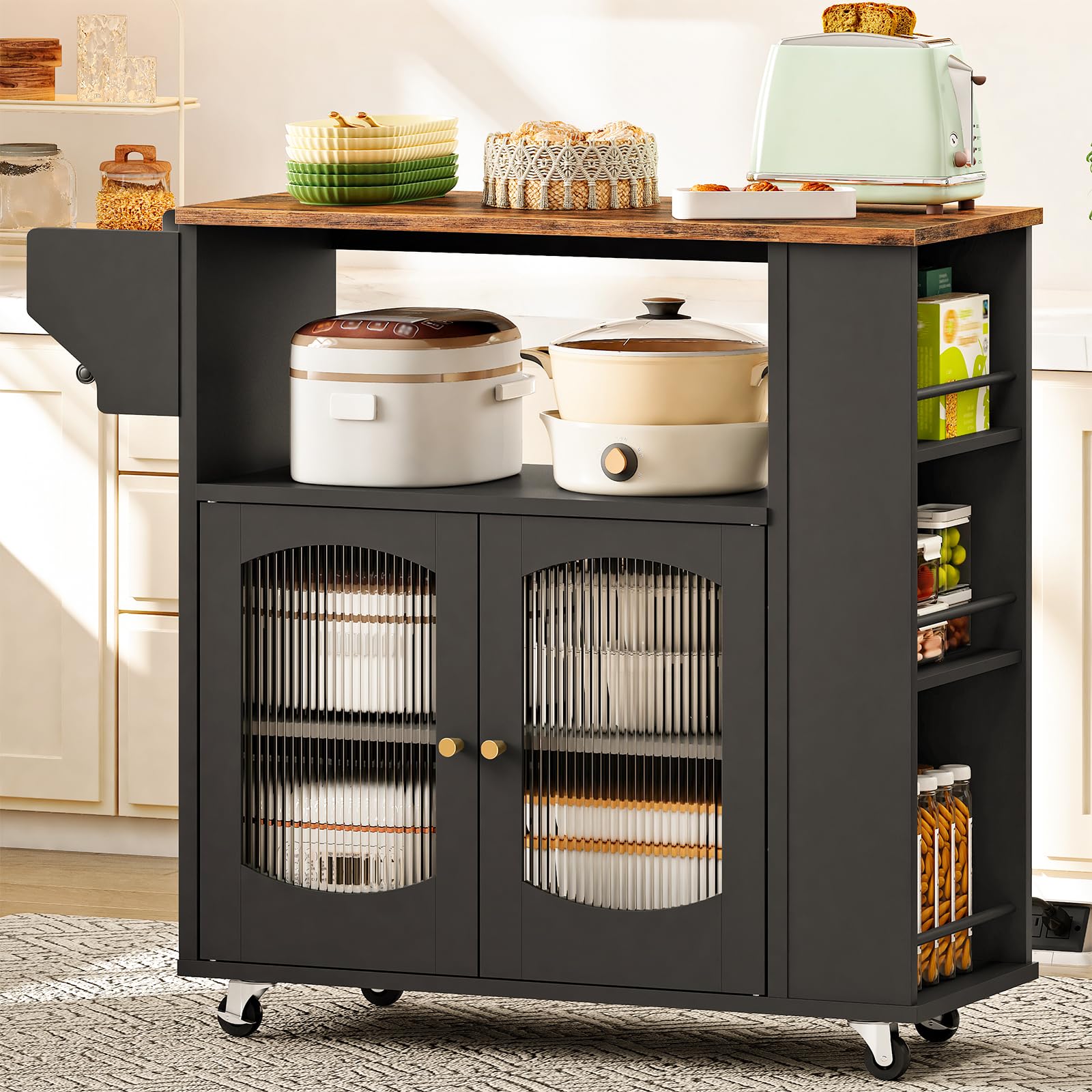 HM11196 Rolling Kitchen Island Glass Doors