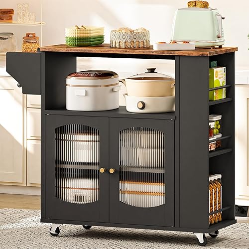 WISSEN WOOD HM11196 Rolling Kitchen Island Glass Doors, Kitchen Island with Power Outlet, Rolling Kitchen Island with Glass Doors and Open Storage Shelf, Island Table with Spice Rack, Towel Rack for Kitchen, Rustic Brown and Black, Made in Vietnam