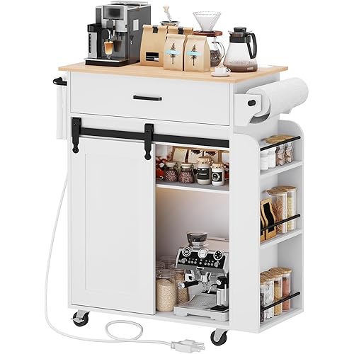 WISSEN WOOD HM11152 Rolling Island Table Sliding Door, Kitchen Island with Storage, Mobile Kitchen Cart with Charging Station, Kitchen Island on Wheels, Rolling Island Table with Sliding Cabinet Door, White and Natural, Made in Vietnam