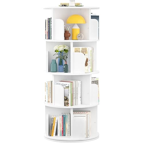 WISSEN WOOD HB31034 360 Rotating Corner Floor Bookcase, Rotating Bookshelf, Small Corner Bookshelf for Small Space, 360 Display 4 Tier Floor Standing Bookcase Storage Rack, Wood Narrow Book Shelf Organizer for Bedroom, Living Room, White, Made in Vietnam