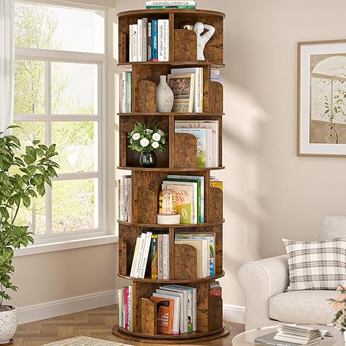 WISSEN WOOD HB31181 6-Tier Wood Spinning Bookshelf, 6 Tier Rotating Bookshelf, Wood Spinning Bookshelf Tower, Round Revolving 360 Bookcase, Narrow Turning Book Shelf Rolling Corner Organizer for Small Space, Bedroom, Office, Rustic Brown, Made in Vietnam