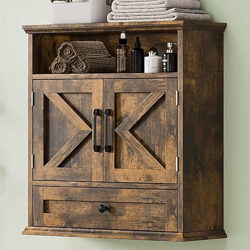 WISSEN WOOD HS21184 Rustic Brown Medicine Wall Cabinet, Bathroom Wall Cabinet, Wall Mounted Medicine Cabinet with Drawer, Barn Door & Adjustable Shelf, 24.4"H x 23.6"W x 9"D Rustic Brown Over Toilet Farmhouse Storage Cabinet for Kitchen, Laundry, Entryway, Made in Vietnam