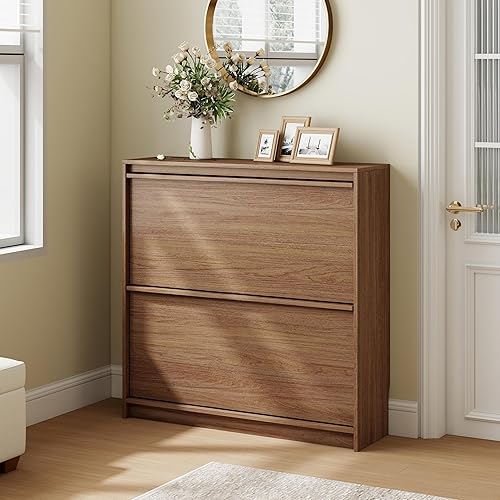 WISSEN WOOD HS31225 Hidden 2-Flip-Drawer Shoe Rack, Modern Narrow Shoe Storage Cabinet Organizer, Walnut finish, Made in Vietnam