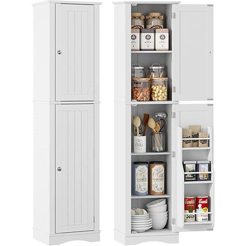 WISSEN WOOD HP11091 64 Inch Slim Kitchen Pantry, Tall Bathroom Storage Cabinet, 64" Slim Kitchen Pantry with Door Storage, Narrow Wood Freestanding Cabinets with Adjustable Shelves for Kitchen Living Room Dining Room, White, Made in Vietnam