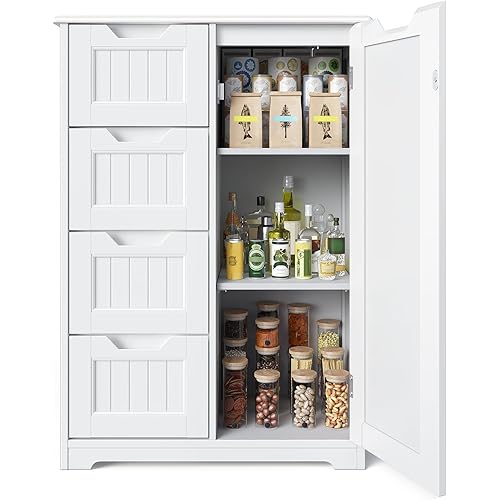 WISSEN WOOD HP11056 Small Pantry with 4 Drawers, Small Pantry with Door and Shelves, 33'' Kitchen Pantry Storage Cabinet Freestanding Wooden Bathroom Storage Cabinet with 4 Drawers for Kitchen and Dining Room, White, Made in Vietnam