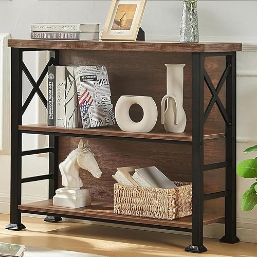 WISSEN WOOD HB31120 3-Tier Small Industrial Book Shelf, 3-Tier Small Bookshelf, 35.4 Inch Short Book Shelf with Sturdy Metal Frame & Wood Shelves, Rustic Brown Industrial Bookcase for Living Room, Bedroom, Office, Made in Vietnam