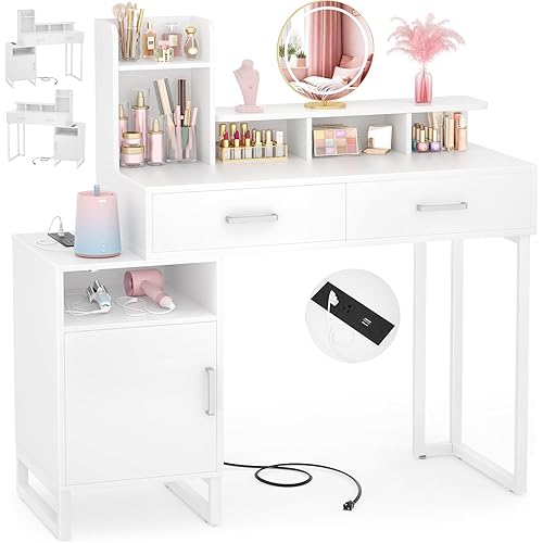 WISSEN WOOD HV31130 Small Makeup Desk Storage Shelves, Vanity Desk, Small Vanity Desk with Power Outlet, Makeup Desk with Drawers and Cabinets, Vanity Set with Storage Shelves for Bedroom, No Mirror, White, Made in Vietnam