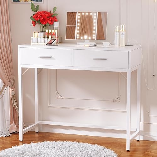 WISSEN WOOD HV31166 36" Makeup Vanity Power Outlet, Vanity Desk with Mirror and Lights, 36'' Makeup Vanity Desk with Power Outlet, Small Vanities Set Dressing Table with Drawers for Bedroom, White, Made in Vietnam