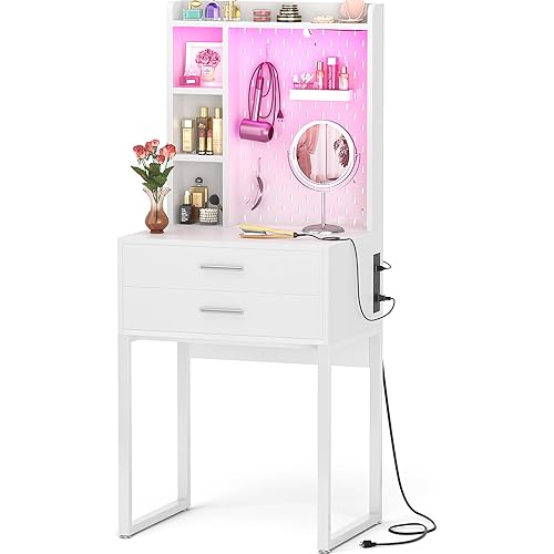 WISSEN WOOD HV31099 Small Makeup Vanity with Hutch, Small Vanity Desk with Hutch and Drawers, White Makeup Vanity Desk with Charging Station, Vanity Table Dressing Table with LED Lights, Vanity Desk No Mirror with Pegboard for Girls Women, Made in Vietnam