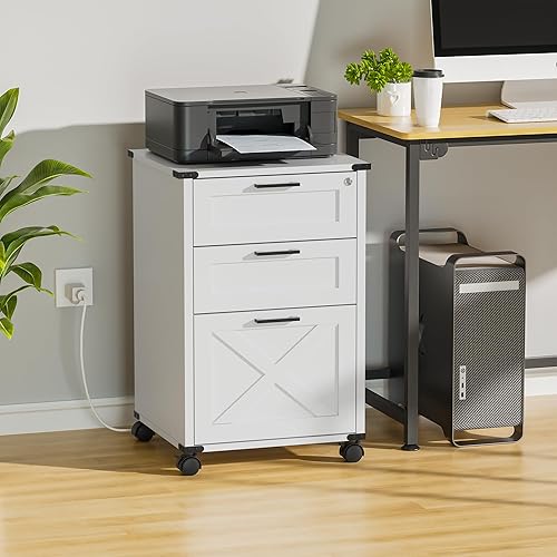 WISSEN WOOD HH41161 Lockable Wood Mobile File Cabinet, Small Wood File Cabinet with Lock, Nightstand with Charging Station, 3 Drawer Under Desk Lateral Filing Cabinets for Home Office, Printer Stand with Storage, White, Made in Vietnam