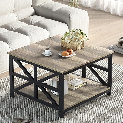 WISSEN WOOD HC31094 Small Square Farmhouse Center Table, Modern Living Room Coffee Table with 2 Tier Storage, Small Square Wood and Metal Farmhouse Center Table with Seamless One-Piece Tabletop, 27.55 Inch, Grey Wash, Made in Vietnam
