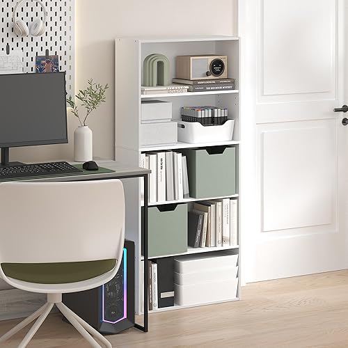 WISSEN WOOD HB31219 Jaya 5-Tier Standing Bookcase, Jaya Book Shelf, 5-Tier Bookshelf, 52 Inch Tall Standing Bookcase with Adjustable Shelf, 9.5 x 23.6 x 52.6, for Home Office, Bedroom, Living Room, White, Made in Vietnam