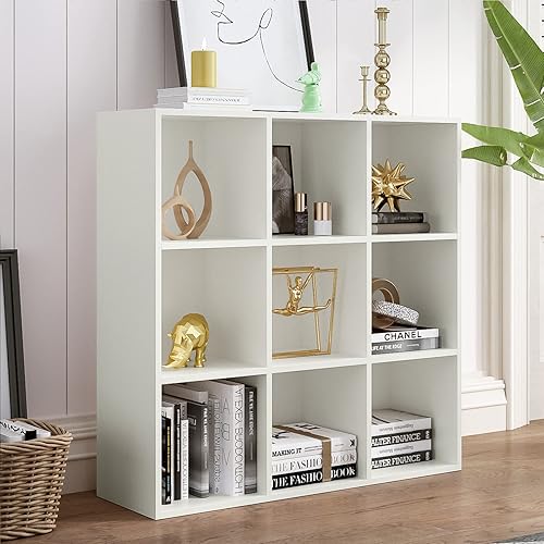 WISSEN WOOD HB31041 9-Cube Floor Standing Open Bookcase, 9-Cube Storage Shelf Bookcase - Wooden 3-Tier Floor Standing Open Bookshelf for Home and Office, Display Cabinet, Warm White, Made in Vietnam