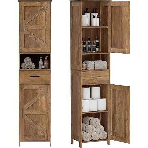WISSEN WOOD HS21144 67" Tall Barn Door Cabinet, 67" H Tall Bathroom Storage Cabinet with 2 Barn Doors and 1 Drawer, Narrow Storage Unit, Adjustable Shelves, Floor Cabinet for Bathroom, Living Room, Entryway, Kitchen, Rustic Walnut, Made in Vietnam
