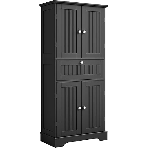 WISSEN WOOD HS21164 51" Tall 4-Door Floor Cabinet, 51" H Tall Bathroom Floor Cabinet, Modern Bathroom Storage Cabinet with Drawer and Adjustable Shelves, Freestanding Kitchen Pantry Cupboard with 4 Doors for Living Room, Black, Made in Vietnam
