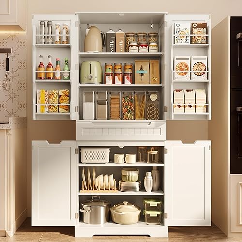 WISSEN WOOD HP11108 71" Tall Kitchen Pantry Cabinet, 71" Tall Kitchen Pantry Cabinet with Doors and Adjustable Shelves, 5-Tier Multipurpose Pantry Storage Cabinet with Drawer Freestanding Organizer for Small Kitchen Bathroom Laundry Room, White, Made in Vietnam