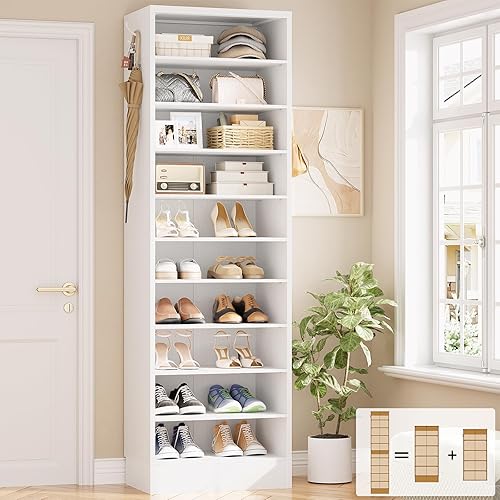 WISSEN WOOD HF31230 10-Tier Narrow Vertical Shoe Rack, Narrow Shoe Cabinet, 10 Tiers Tall Wood Shoe Rack, Vertical Tower, Made in Vietnam