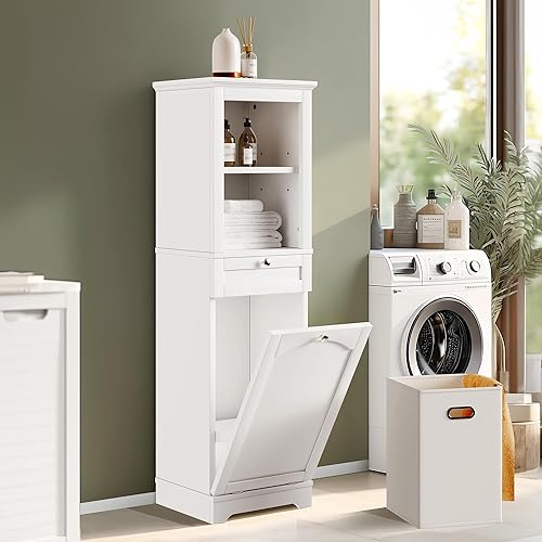 WISSEN WOOD HL21071 53 Inch Tilt-Out Laundry Cabinet, 53 Inch Tall Tilt-Out Laundry Storage Cabinet, Hidden Hamper with Adjustable Shelves, Removable Basket & Sturdy Wooden Design for Bathroom or Laundry Room Organization, White, Made in Vietnam