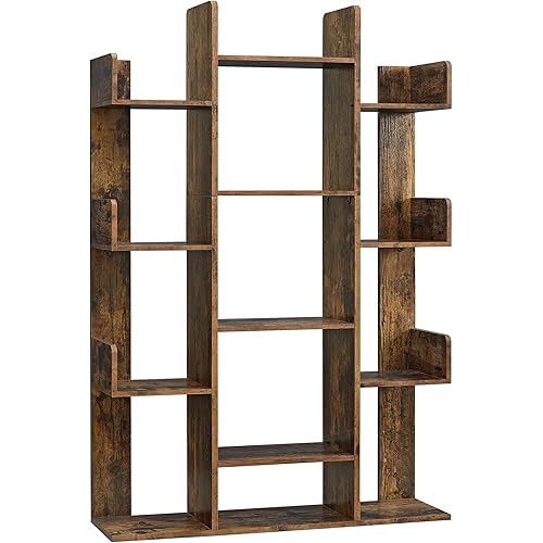 WISSEN WOOD HB31017 Tree-Shaped 13-Shelf Rustic Bookcase, Bookshelf, Tree-Shaped Bookcase with 13 Storage Shelves, Rounded Corners, 9.8”D x 33.9”W x 55.1”H, Rustic Brown ULBC67BXV1, Made in Vietnam