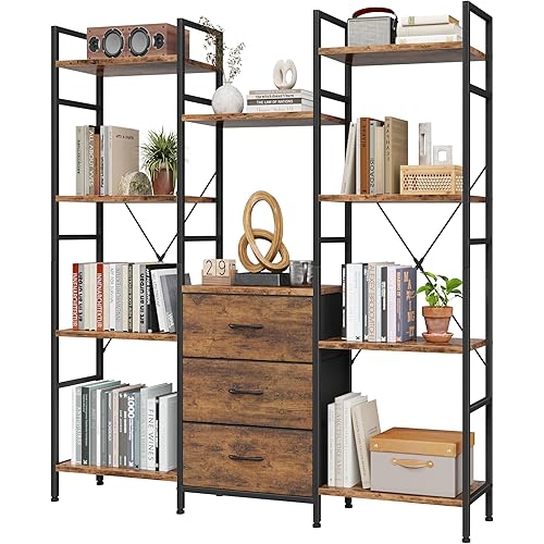 WISSEN WOOD HB31135 47" Wide Triple Industrial Bookshelf, Triple Bookshelf with 3 Fabric Drawers, 4-Tier Book Shelf and 10 Display Shelves, Industrial Large Bookcase for Home & Office, Rustic Brown, 47'' Wide, Made in Vietnam