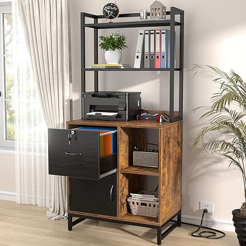 WISSEN WOOD OO41111 Vertical Filing Cabinet with Bookshelf, Vertical Filing Cabinet with Bookshelf for Home Office, File Cabinet with Shelves, Lock & Charging Station, Drawer Office File Cabinets with Printer Stand, fits Letter Size, Rustic Brown, Made in Vietnam