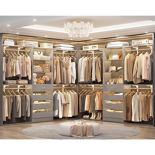 WISSEN WOOD HC31201 8-Rod Wood Walk-in Closet System, Closet System with Drawers Set of 2, Wood Closet Organizer System with 8 Hanging Rods & Top Shelves, Walk-in Closets Organizer Wardrobe Clothes Rack, Cut Fits Spaces 4-9FT. Wide, White Oak, Made in Vietnam