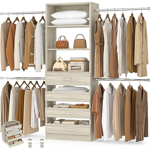 WISSEN WOOD HC31149 4-Drawer Walk-in Closet Organizer, Closet System, Closet Organizer System with 4 Wooden Drawers, 4-9Ft Wood Closet Organizer with Tower, Walk-in Closet Organizer with 4 Hanging Rods, White Oak, Made in Vietnam