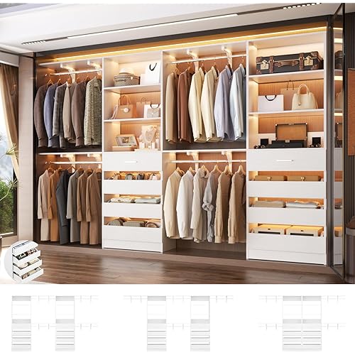 WISSEN WOOD HG31159 8-Drawer Walk-in Closet Rack, Closet System with 8 Wooden Drawers, Wood Closet Organizer System with Tower, Walk-in Closet Organizer Wardrobe Clothes Rack with 4 Hanging Rods, Garment Rack, Cut to Fit 7-12Ft, White, Made in Vietnam