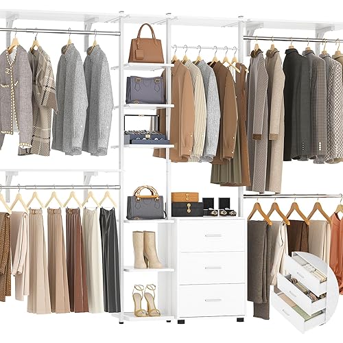 WISSEN WOOD HC31123 96" Walk-in Closet Organizer System, Closet System with Drawers, Closet Organizer System Storage with Shelves, 96'' Walk-in Closet with 5 Hanging Rods, Heavy Duty Wall Mounted Clothes Wardrobe Garment Rack,-Metal Frame, White, Made in Vietnam