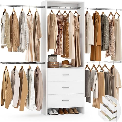 WISSEN WOOD HC31128 3-Drawer Walk-in Closet System, Closet System, Closet Organizer with 3 Wooden Drawers, Closet Organizer System, Walk-in Closet Wardrobe Clothes Rack with 4 Hanging Rods, Garment Rack, White, Made in Vietnam