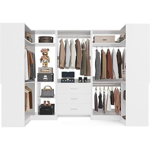 WISSEN WOOD HC31203 U-Shaped Walk-In Wardrobe Organizer, Closet System with 3 Drawers, 5 Hanging Rods & Corner Tower, Corner Closet System with Hanging, 88.8" U-Shaped Walk-In Wardrobe Organizer, 2000+ lbs Capacity, Set of 3,White, Made in Vietnam