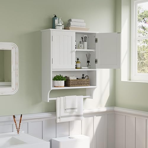 WISSEN WOOD HM21053 Wall Mounted Cabinet with Towels, White Bathroom Cabinet Wall Mounted with Towels Bar, Bathroom Medicine Cabinet with 2 Door Adjustable Shelves, Over Toilet Cabinet for Bathroom Laundry Room Kitchen, Made in Vietnam