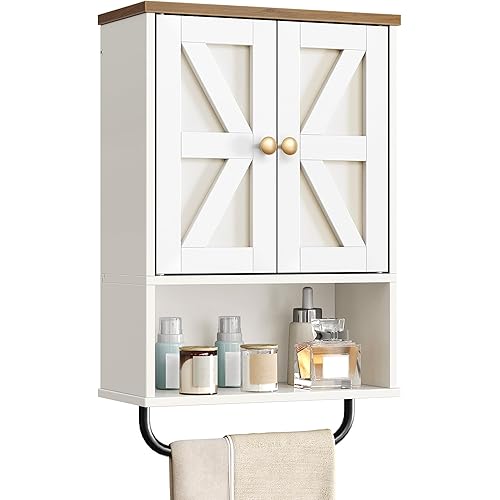 WISSEN WOOD HM21097 Rustic Wall Cabinet with Partition, Bathroom Wall Cabinet, Medicine Cabinet with Open Partition and Towel Bar, Rustic Storage Cabinet with Open and Hidden Storage Space, for Bathroom, Living Room, Kitchen, White and Walnut, Made in Vietnam